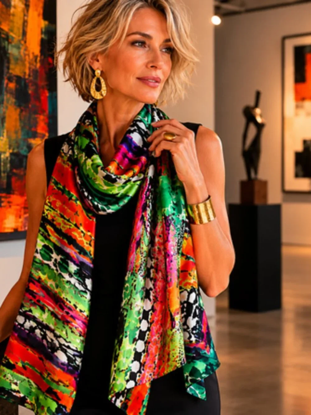 EVOLVE Multicolor Abstract Silky Scarf Tropical Art Print Wrap